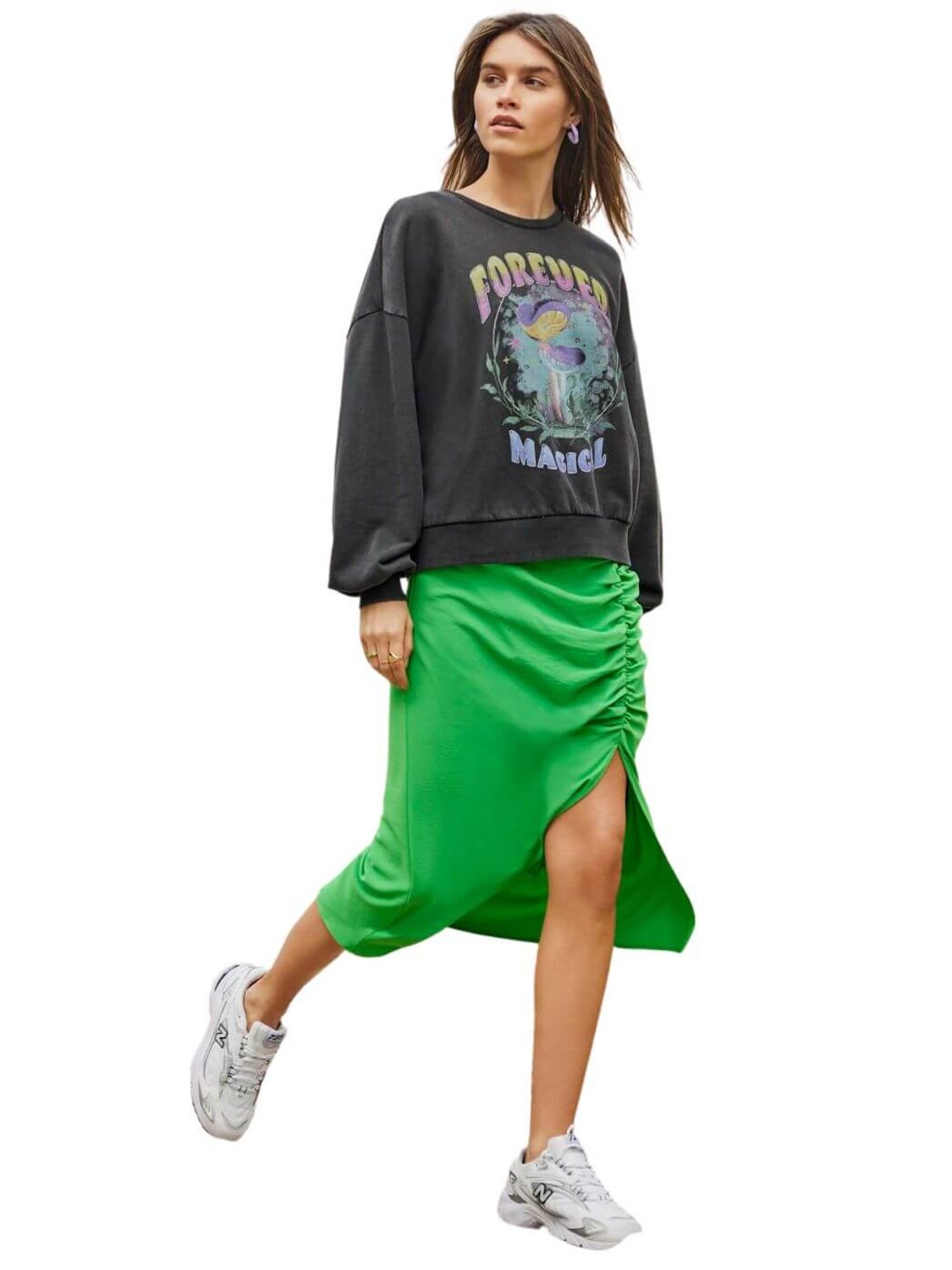 Falda midi con fruncido y apertura lateral Only Onlmette Verde - Bicos de Fío