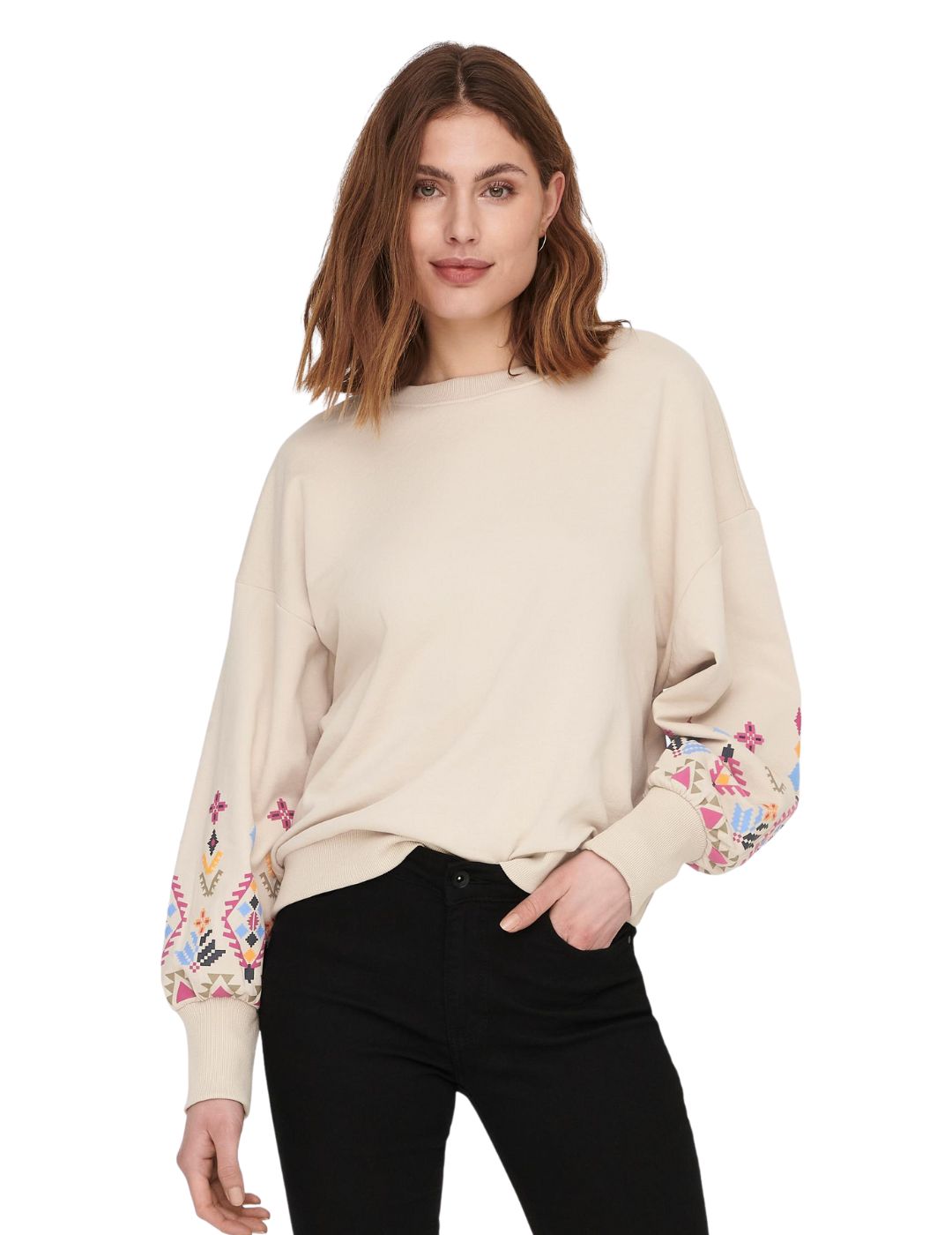 Sudadera con detalles étnicos para mujer Only Emily Beige - Bicos de Fío