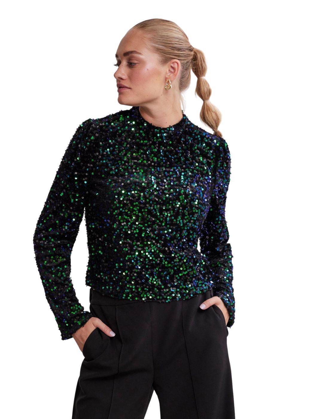 Top de fiesta con lentejuelas Pieces Kam Verde - Bicos de Fío