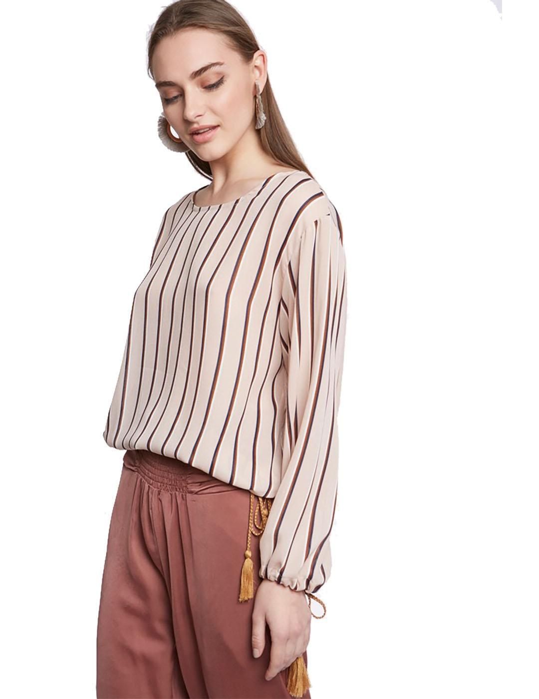 Blusa MEISIE Rayas Fruncido Beige - Bicos de Fío