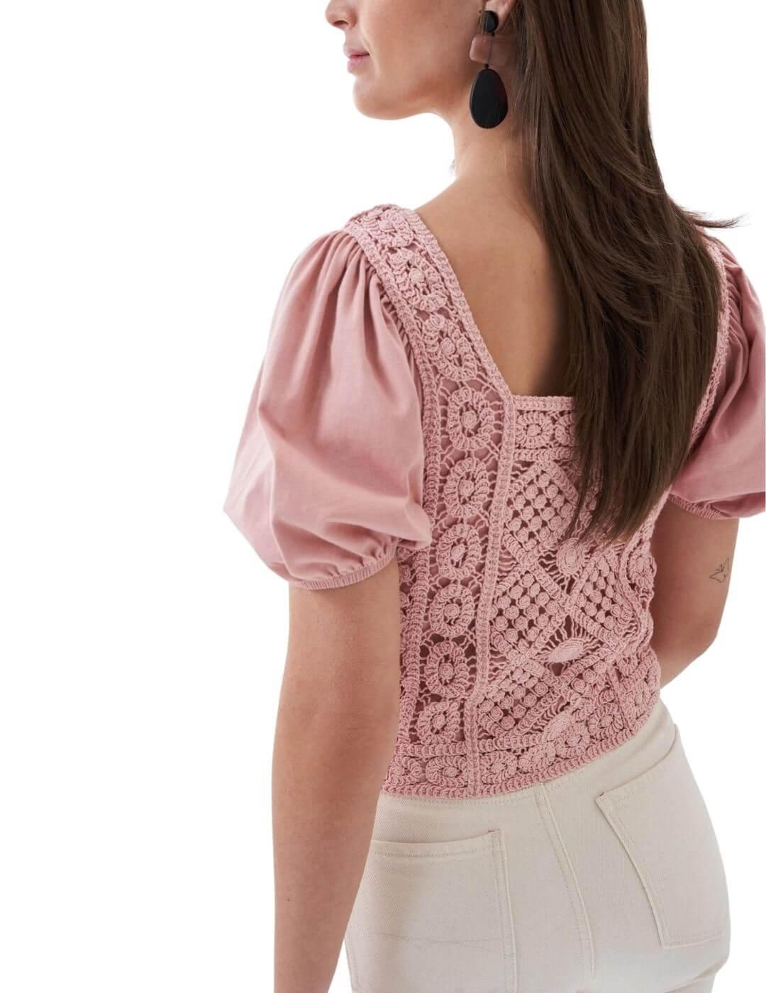 Camiseta bordada abullonada Salsa Jeans Rosa - Bicos de Fío